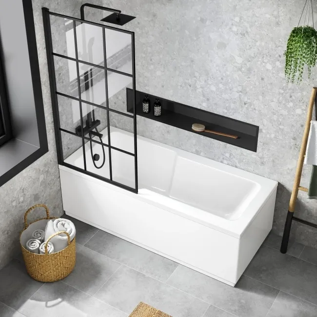 Dover 1700x750 Keyhole Shower Bath & 6mm Easy Clean Matt Black Grid Bath Screen