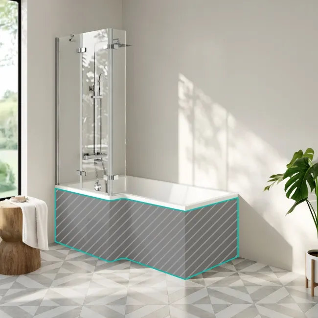 Brixton L Shaped 1500 Shower Bath & 6mm Easy Clean Chrome Folding Bath Screen - Left Handed