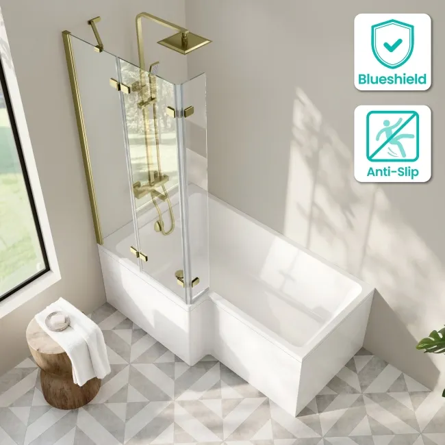 Brixton L Shaped 1500 Shower Bath & 6mm Easy Clean Brushed Brass Folding Bath Screen - Left Handed