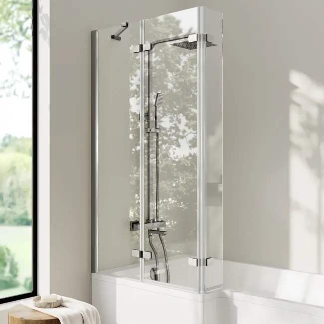 Brixton L Shaped 1500 Shower Bath & 6mm Easy Clean Brushed Gunmetal Folding Bath Screen - Left