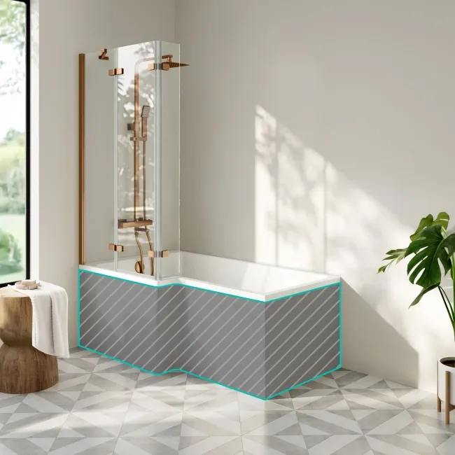 Brixton L Shaped 1500 Shower Bath & 6mm Easy Clean Brushed Copper Folding Bath Screen - Left Handed