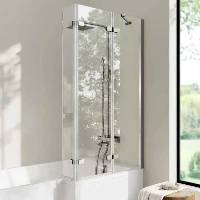 Brixton L Shaped 1500 Shower Bath & 6mm Easy Clean Brushed Gunmetal Folding Bath Screen - Right