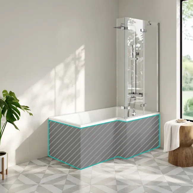 Brixton L Shaped 1600 Shower Bath & 6mm Easy Clean Chrome Folding Bath Screen - Right Handed