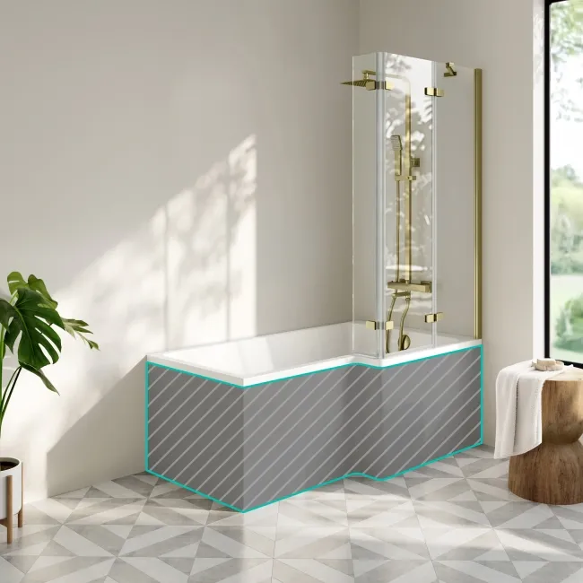 Brixton L Shaped 1600 Shower Bath & 6mm Easy Clean Brushed Brass Folding Bath Screen - Right Handed
