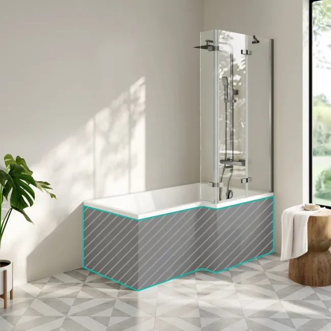 Brixton L Shaped 1600 Shower Bath & 6mm Easy Clean Brushed Gunmetal Folding Bath Screen - Right