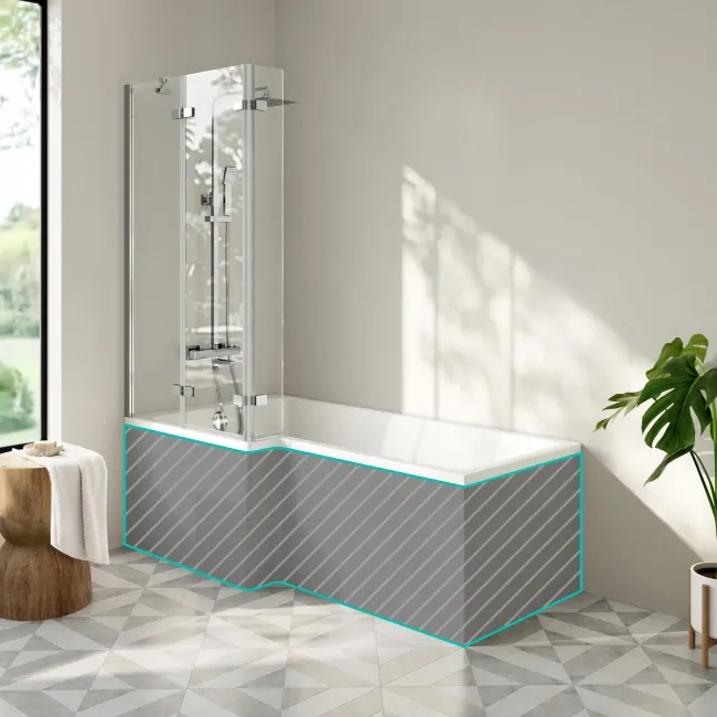 Brixton L Shaped 1700 Shower Bath & 6mm Easy Clean Chrome Folding Bath Screen - Left Handed