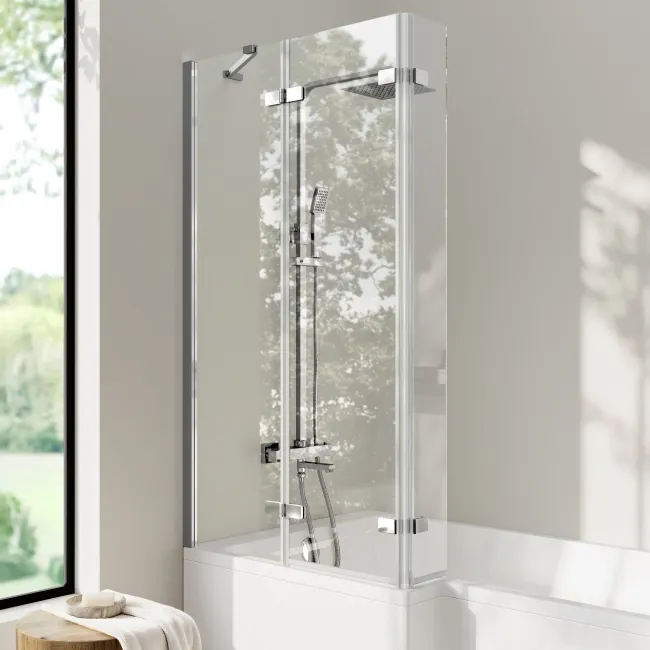 Brixton L Shaped 1700 Shower Bath & 6mm Easy Clean Chrome Folding Bath Screen - Left Handed