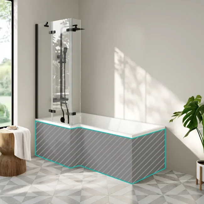 Brixton L Shaped 1700 Shower Bath & 6mm Easy Clean Matt Black Folding Bath Screen - Left Handed