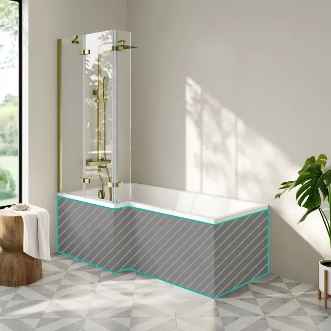Brixton L Shaped 1700 Shower Bath & 6mm Easy Clean Brushed Brass Folding Bath Screen - Left Handed