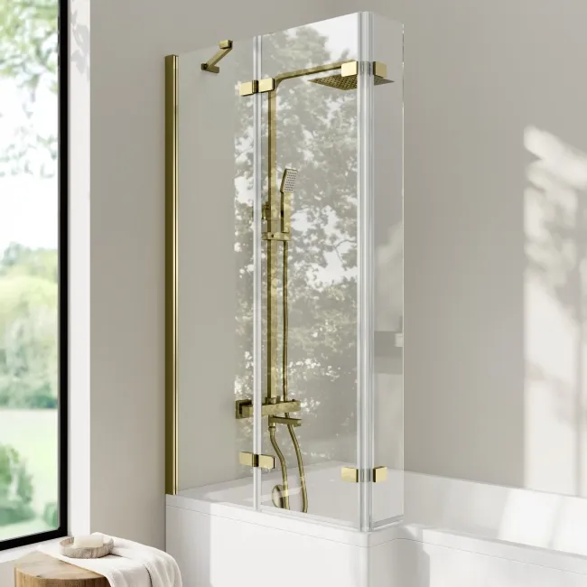 Brixton L Shaped 1700 Shower Bath & 6mm Easy Clean Brushed Brass Folding Bath Screen - Left Handed