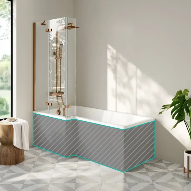 Brixton L Shaped 1700 Shower Bath & 6mm Easy Clean Brushed Copper Folding Bath Screen - Left Handed