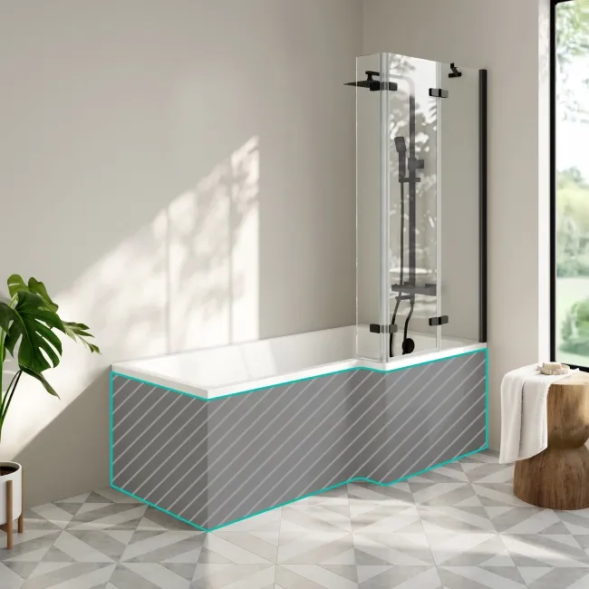 Brixton L Shaped 1700 Shower Bath & 6mm Easy Clean Matt Black Folding Bath Screen - Right Handed