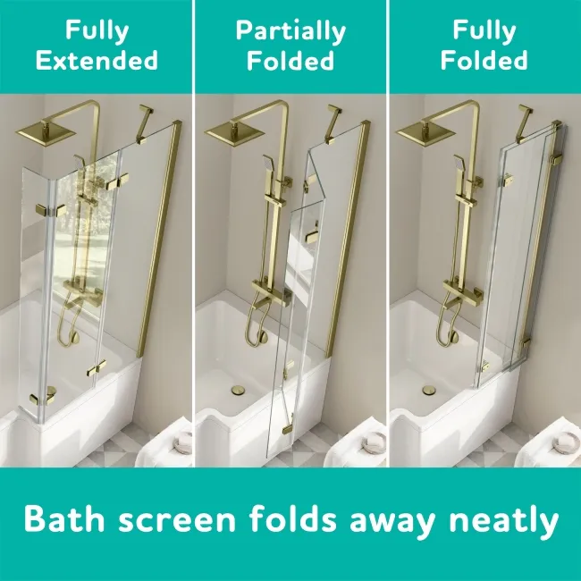 Brixton L Shaped 1700 Shower Bath & 6mm Easy Clean Brushed Brass Folding Bath Screen - Right Handed