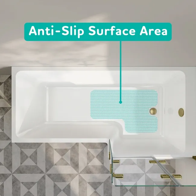 Brixton L Shaped 1700 Shower Bath & 6mm Easy Clean Brushed Brass Folding Bath Screen - Right Handed