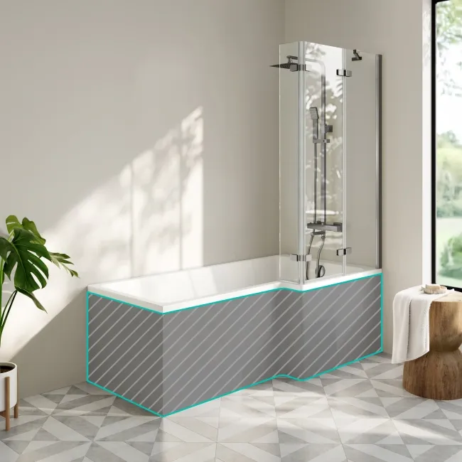 Brixton L Shaped 1700 Shower Bath & 6mm Easy Clean Brushed Gunmetal Folding Bath Screen - Right