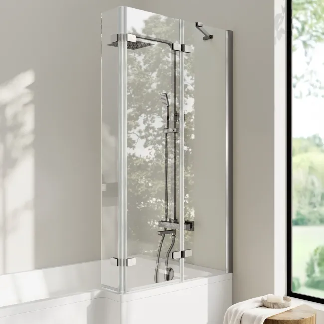 Brixton L Shaped 1700 Shower Bath & 6mm Easy Clean Brushed Gunmetal Folding Bath Screen - Right