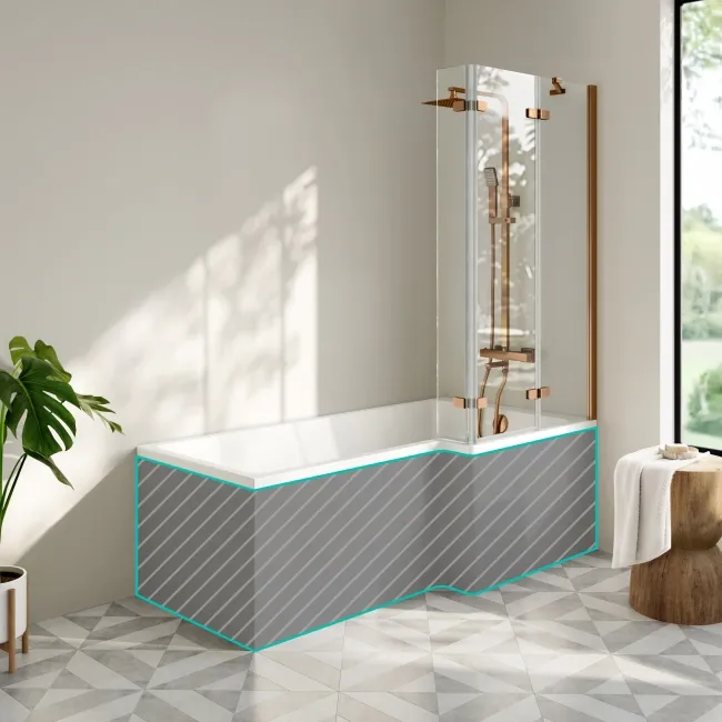 Brixton L Shaped 1700 Shower Bath & 6mm Easy Clean Brushed Copper Folding Bath Screen - Right Handed