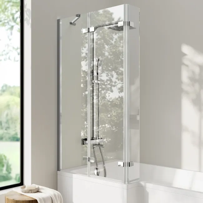 Brixton L Shaped 1500 Shower Bath with Front Panel & 6mm Chrome Folding Bath Screen - Left