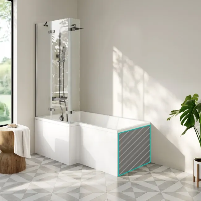 Brixton L Shaped 1500 Shower Bath with Front Panel & 6mm Gunmetal Folding Bath Screen - Left