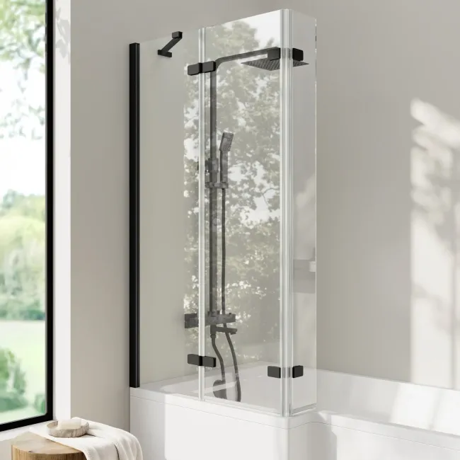 Brixton L Shaped 1600 Shower Bath with Front Panel & 6mm Matt Black Folding Bath Screen - Left
