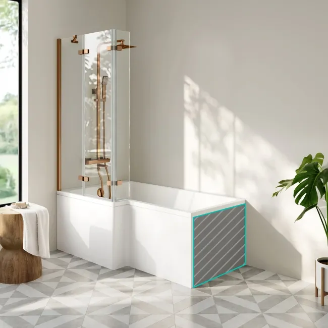 Brixton L Shaped 1600 Shower Bath with Front Panel & 6mm Brushed Copper Folding Bath Screen - Left