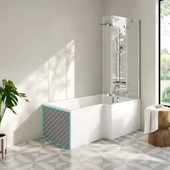 Brixton L Shaped 1600 Shower Bath with Front Panel & 6mm Chrome Folding Bath Screen - Right