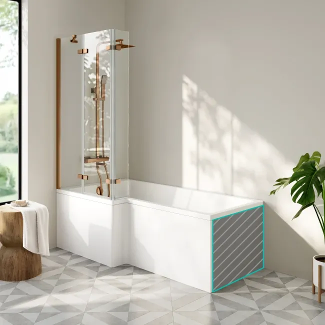 Brixton L Shaped 1700 Shower Bath with Front Panel & 6mm Brushed Copper Folding Bath Screen - Left
