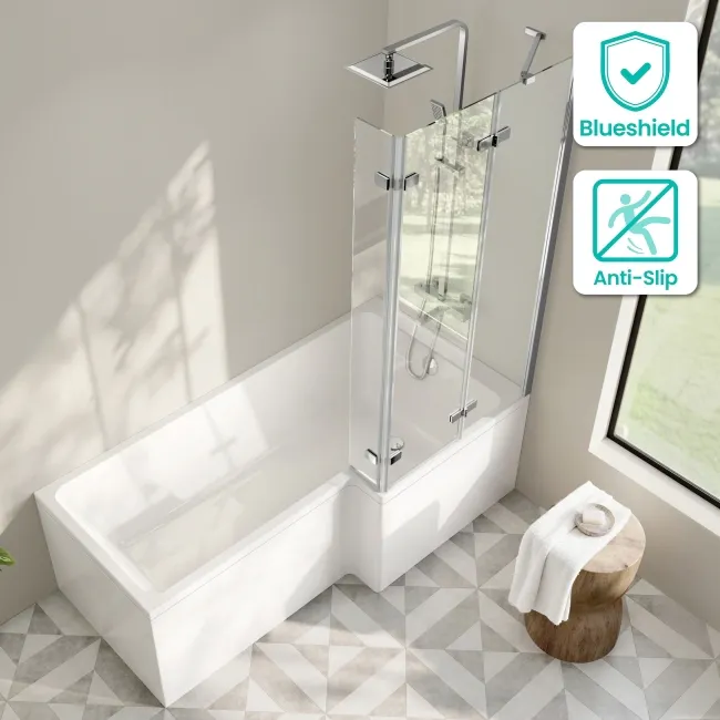 Brixton L Shaped 1700 Shower Bath with Front Panel & 6mm Chrome Folding Bath Screen - Right