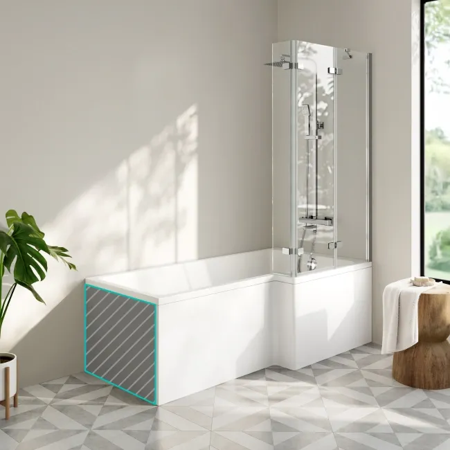 Brixton L Shaped 1700 Shower Bath with Front Panel & 6mm Chrome Folding Bath Screen - Right