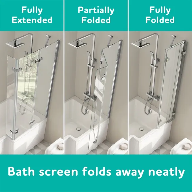 Brixton L Shaped 1700 Shower Bath with Front Panel & 6mm Chrome Folding Bath Screen - Right