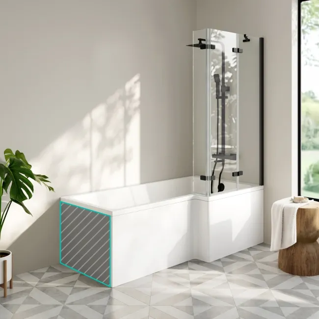 Brixton L Shaped 1700 Shower Bath with Front Panel & 6mm Matt Black Folding Bath Screen - Right