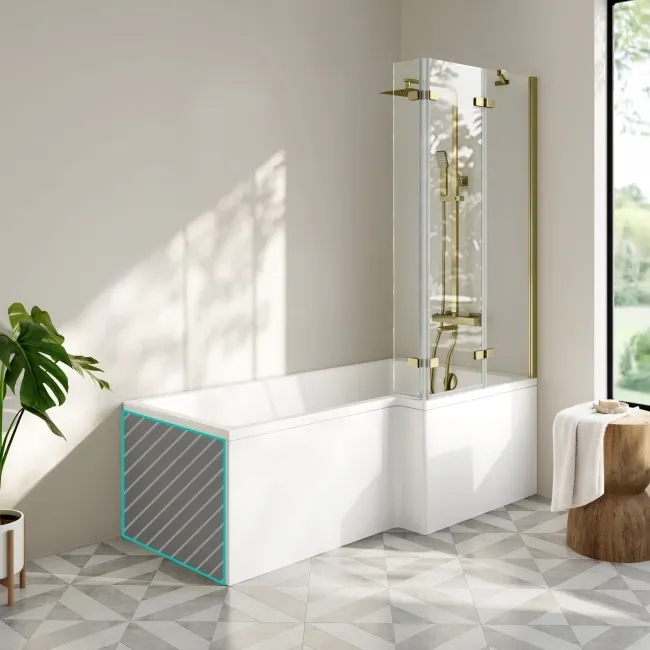 Brixton L Shaped 1700 Shower Bath with Front Panel & 6mm Brushed Brass Folding Bath Screen - Right