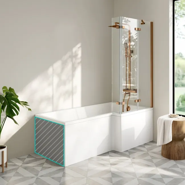 Brixton L Shaped 1700 Shower Bath with Front Panel & 6mm Brushed Copper Folding Bath Screen - Right
