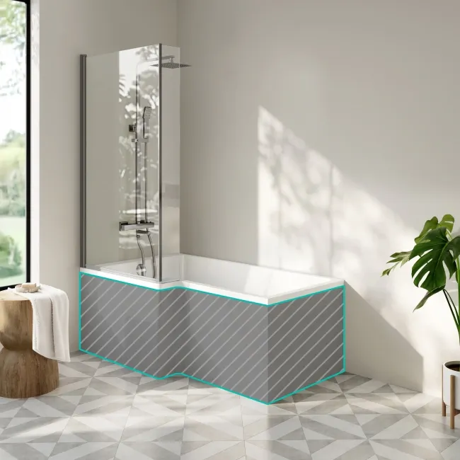 Brixton L Shaped 1500 Shower Bath & 6mm Brushed Gunmetal Easy Clean Screen - Left Handed
