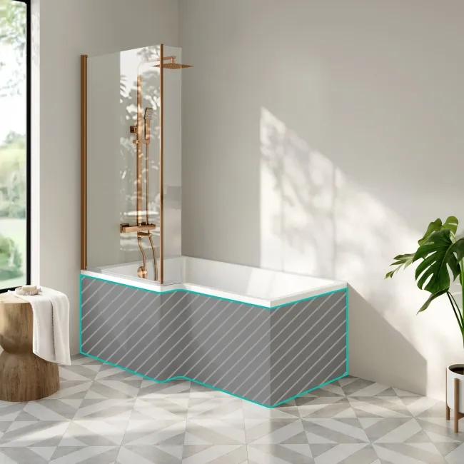 Brixton L Shaped 1500 Shower Bath & 6mm Brushed Copper Easy Clean Screen - Left Handed