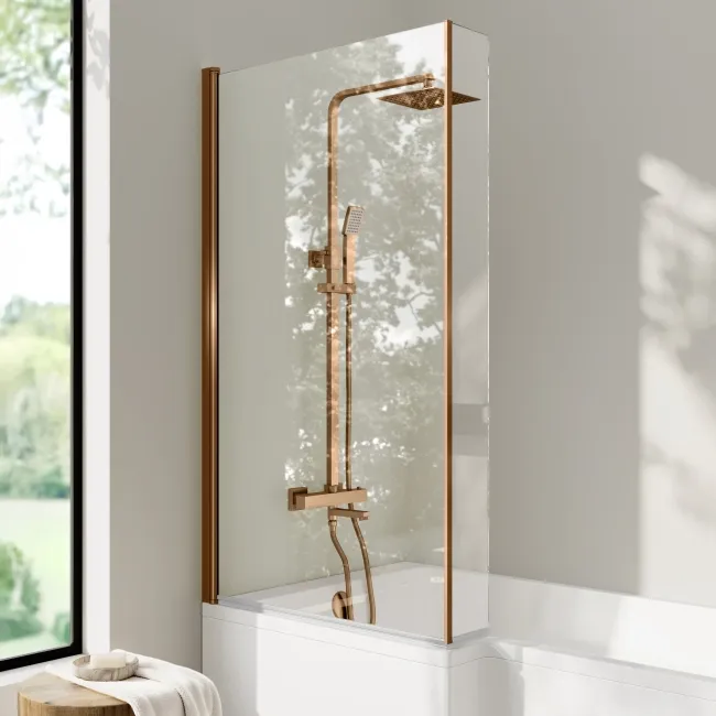 Brixton L Shaped 1500 Shower Bath & 6mm Brushed Copper Easy Clean Screen - Left Handed