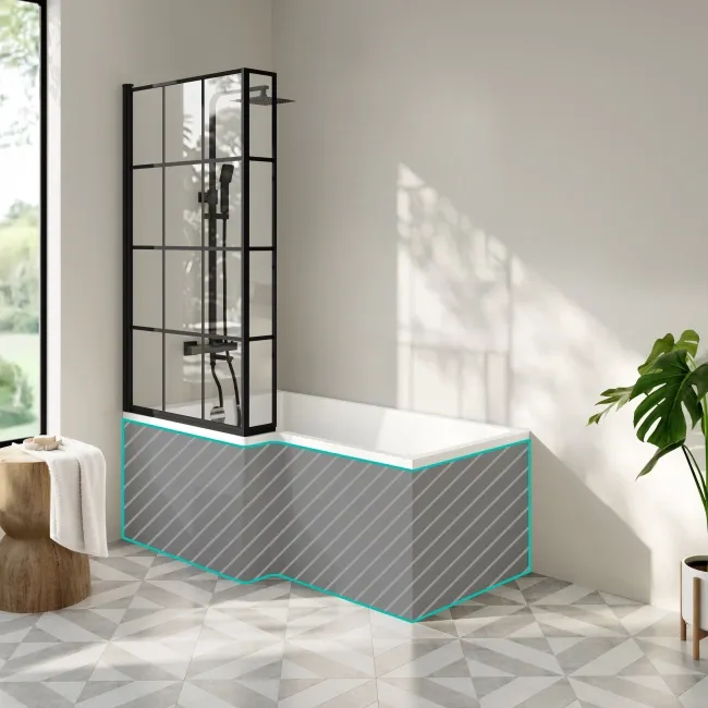 Brixton L Shaped 1500 Shower Bath & 6mm Easy Clean Matt Black Grid Bath Screen - Left Handed