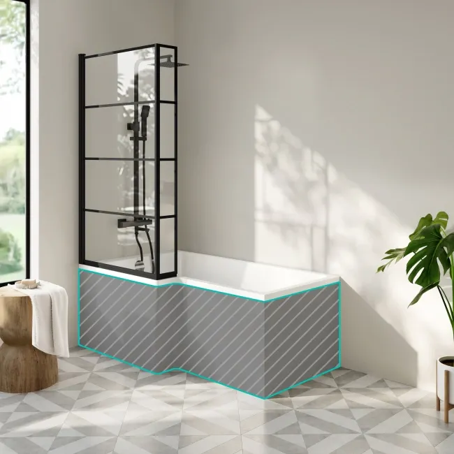 Brixton L Shaped 1600 Shower Bath & 6mm Easy Clean Matt Black Grid Bath Screen - Left Handed
