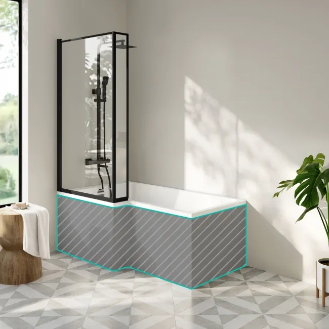 Brixton L Shaped 1600 Shower Bath & & 6mm Easy Clean Matt Black Framed Bath Screen - Left Handed