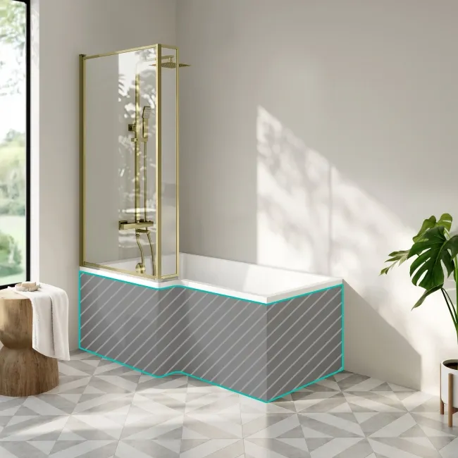 Brixton L Shaped 1600 Shower Bath & & 6mm Easy Clean Brushed Brass Framed Bath Screen - Left Handed