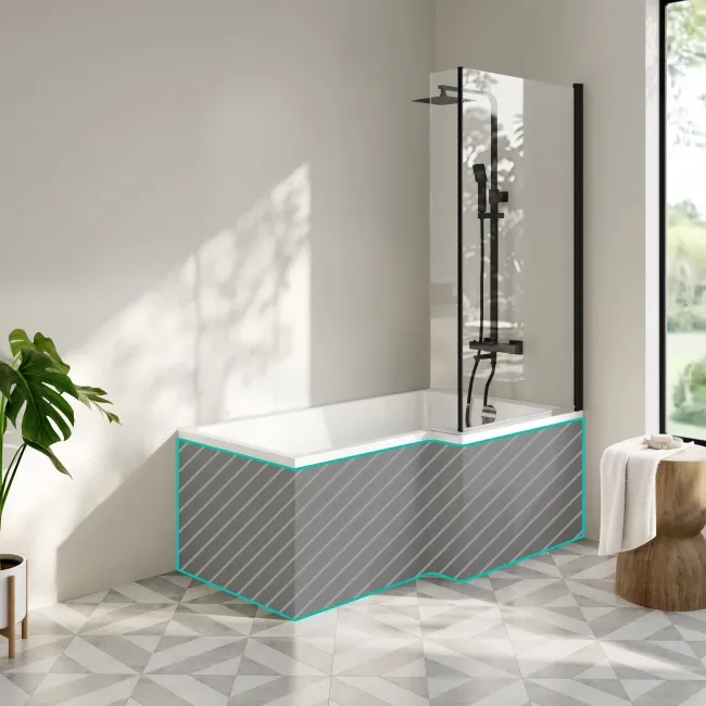 Brixton L Shaped 1600 Shower Bath & 6mm Matt Black Easy Clean Screen - Right Handed
