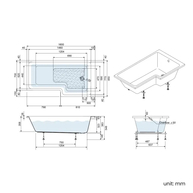 Brixton L Shaped 1600 Shower Bath & 6mm Brushed Gunmetal Easy Clean Screen - Right Handed