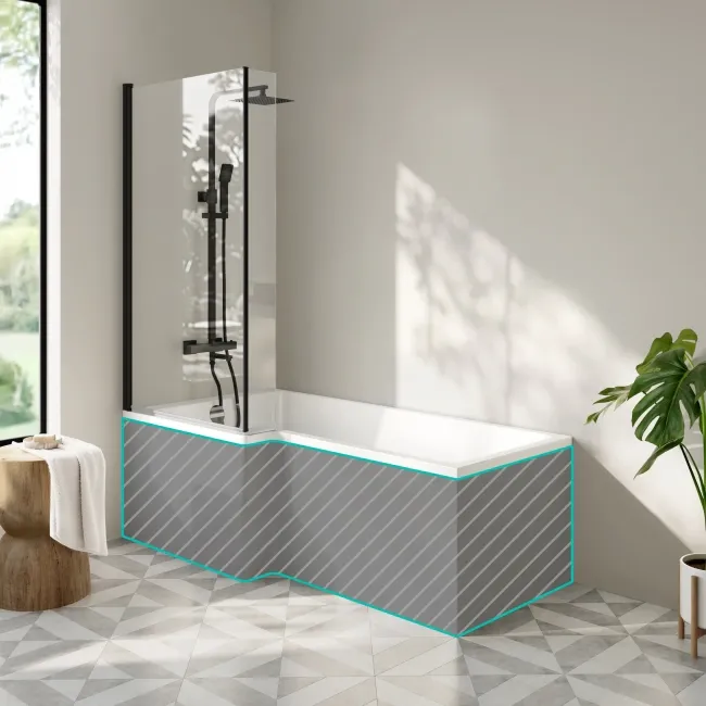 Brixton L Shaped 1700 Shower Bath & 6mm Matt Black Easy Clean Screen - Left Handed