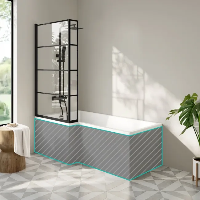 Brixton L Shaped 1700 Shower Bath & 6mm Easy Clean Matt Black Grid Bath Screen - Left Handed