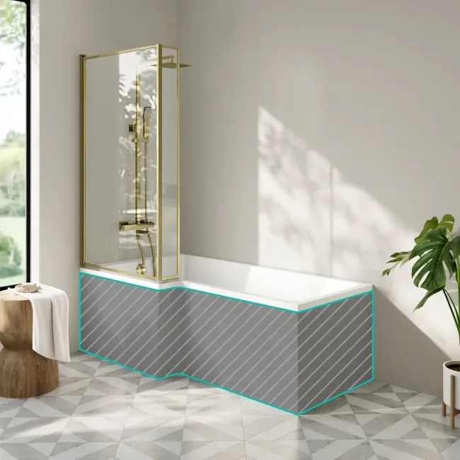 Brixton L Shaped 1700 Shower Bath & 6mm Easy Clean Brushed Brass Framed Bath Screen - Left Handed