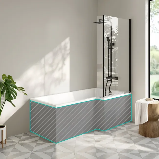 Brixton L Shaped 1700 Shower Bath & 6mm Matt Black Easy Clean Screen - Right Handed