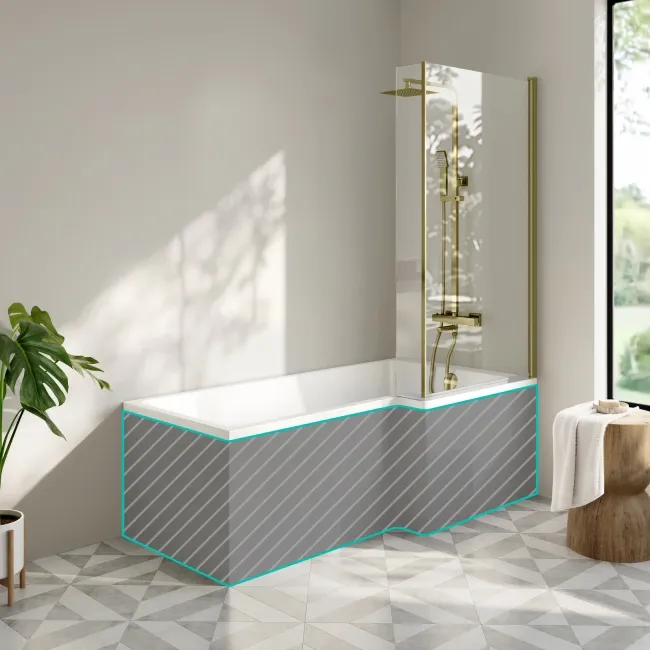 Brixton L Shaped 1700 Shower Bath & 6mm Brushed Brass Easy Clean Screen - Right Handed