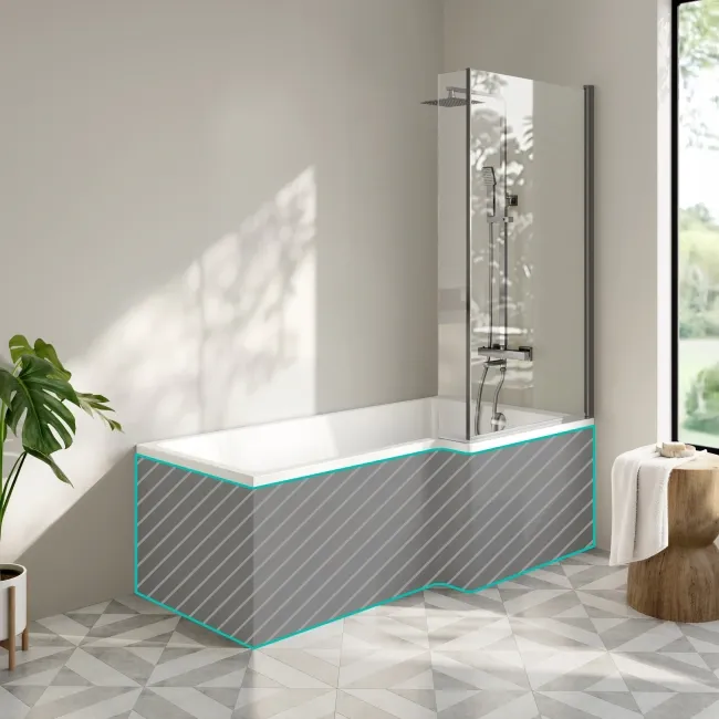Brixton L Shaped 1700 Shower Bath & 6mm Brushed Gunmetal Easy Clean Screen - Right Handed