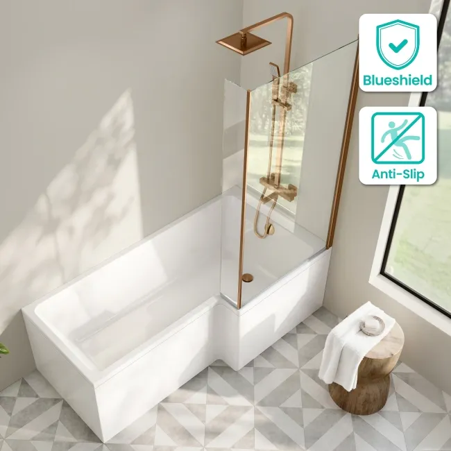 Brixton L Shaped 1700 Shower Bath & 6mm Brushed Copper Easy Clean Screen - Right Handed