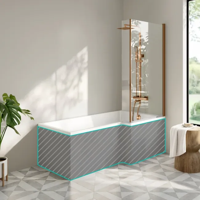 Brixton L Shaped 1700 Shower Bath & 6mm Brushed Copper Easy Clean Screen - Right Handed